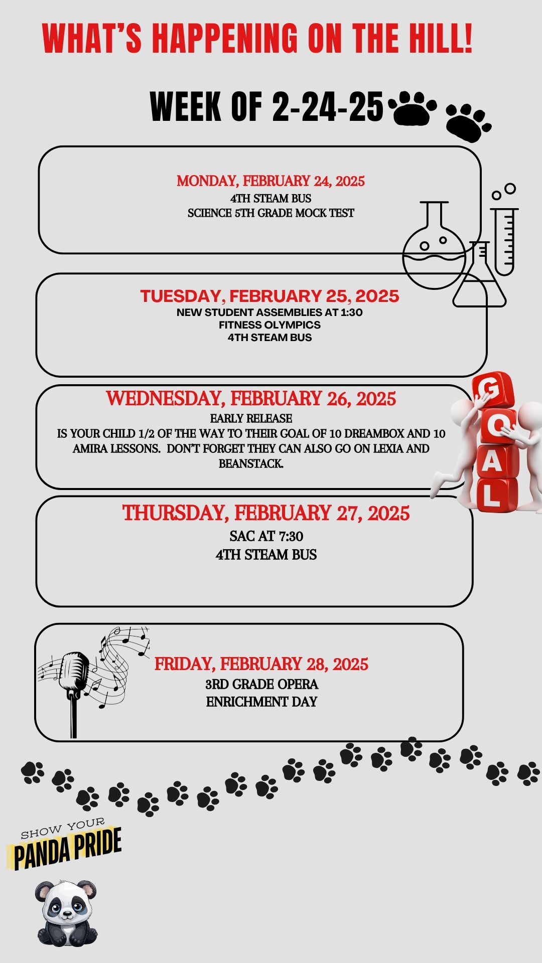  Monday through Thursday-STEAM Bus, 5th Grade Science Mock Assessment on Monday, SAC Thursday at 730